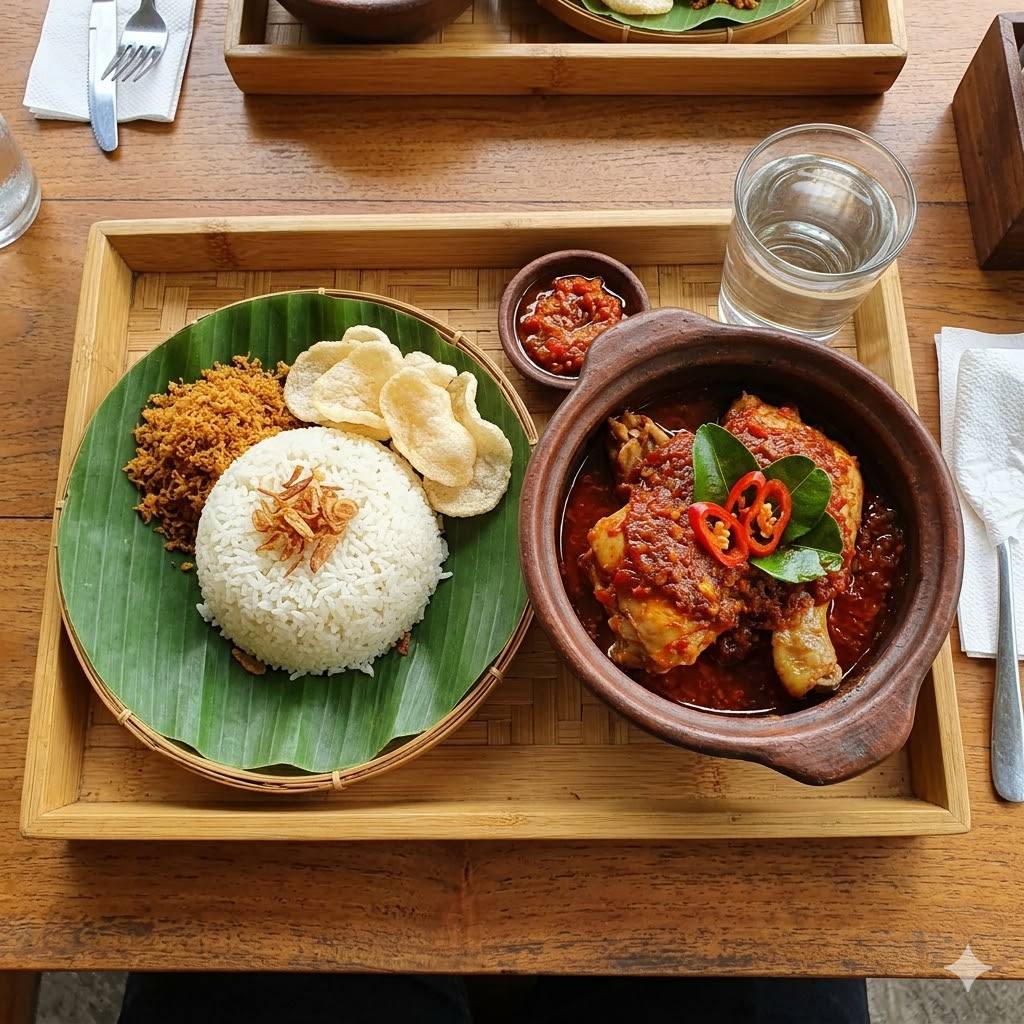 Paket Ayam Tim Pedas dengan nasi gurih, lalap, dan sambal
